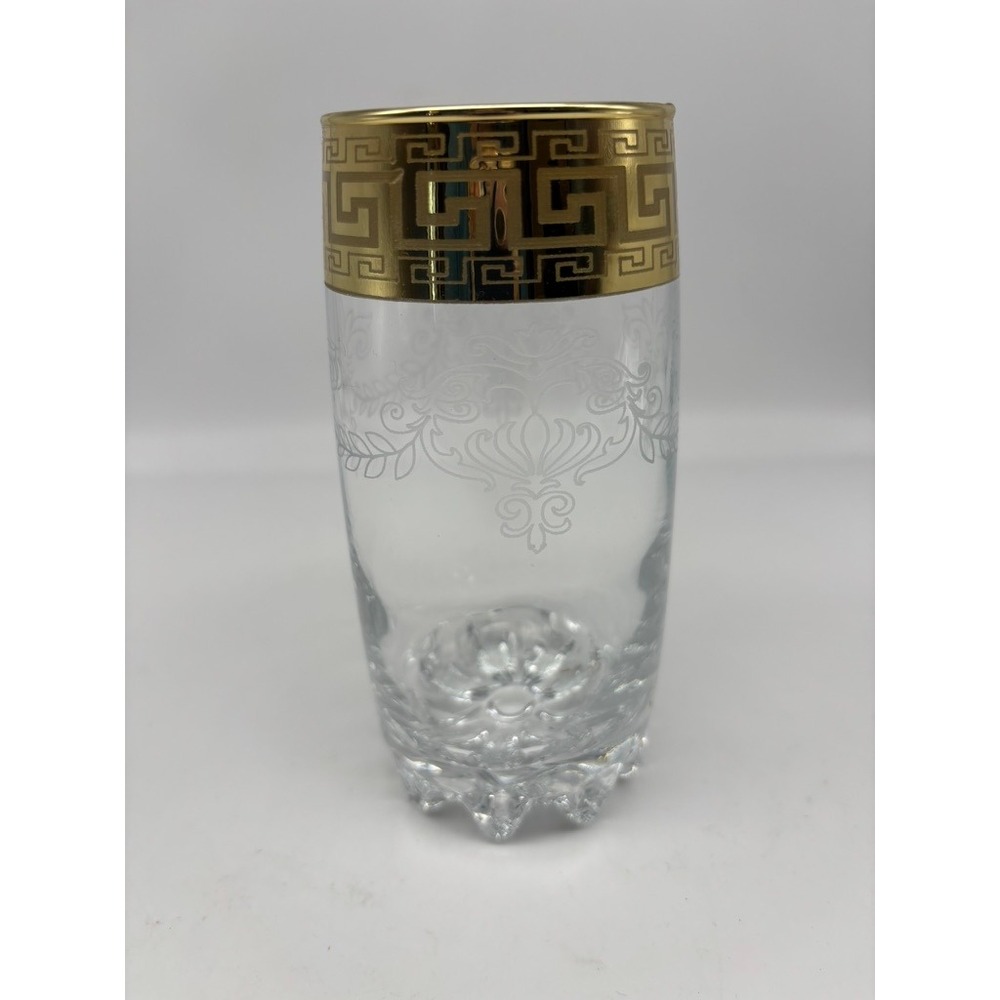 Vintage Highball Glass Baroque Gold Trimmed Greek Key Crystal Clear Gold